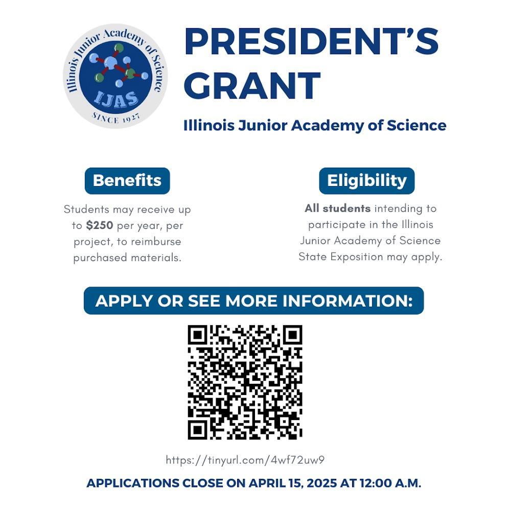 <a href="/IJASorg/">Illinois Junior Academy of Science</a> President's Grant provides up to $250 of financial support to student scientists. Applications are open now at tinyurl.com/4wf72uw9 #scienceresearch #sciencefunding