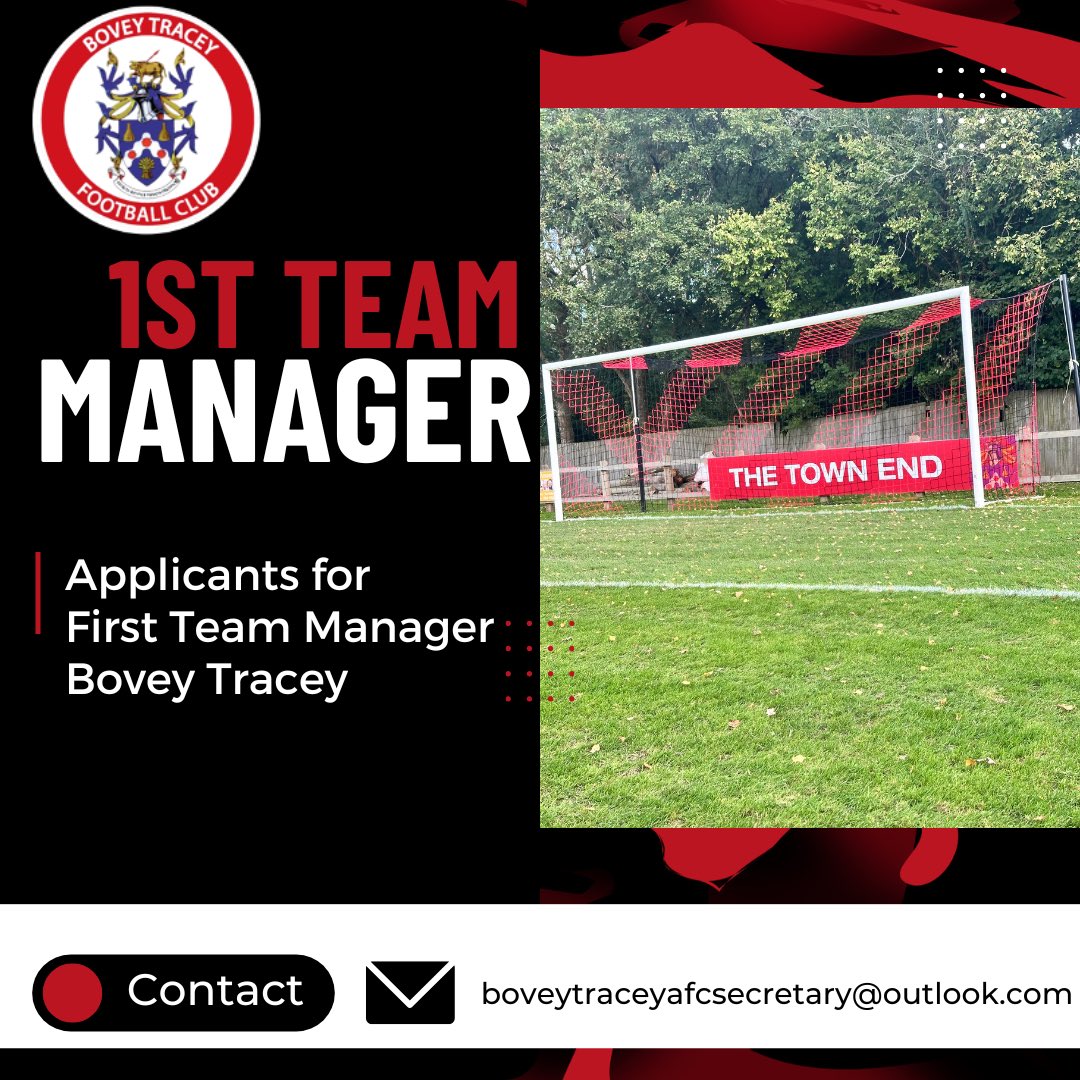 📢 Manager Vacancy 📢
We’re now looking for candidates to take the First Team Manager’s position at Mill Marsh Park.

📄 If you’d like to be considered for this opportunity, please submit your interest by emailing boveytraceyafcsecretary@outlook.com