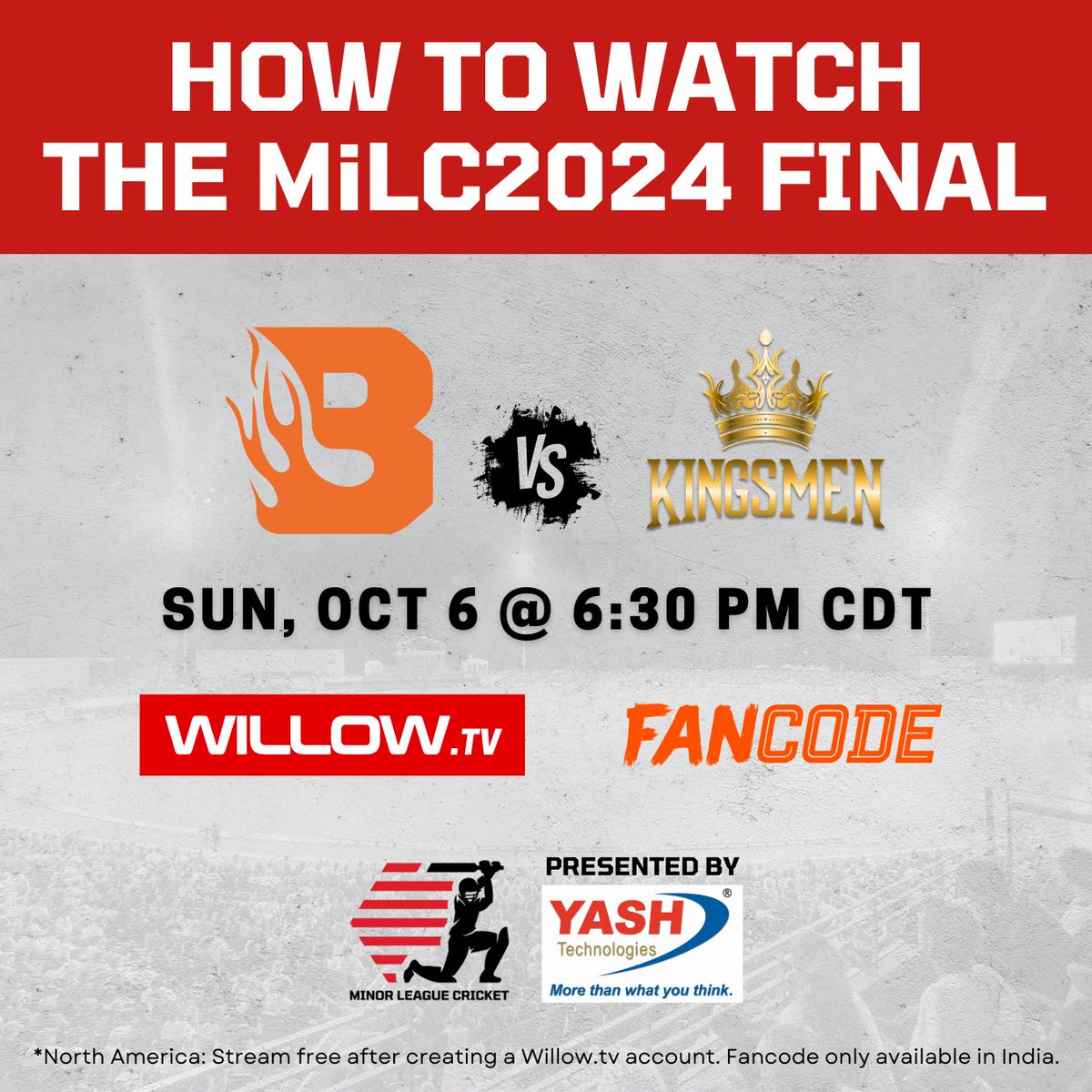 Tonight's the night 🙌

Join us at Grand Prairie Cricket Stadium or watch the #MiLC2024 Championship Final live on Willow.tv 🏆 🇺🇸 🏏