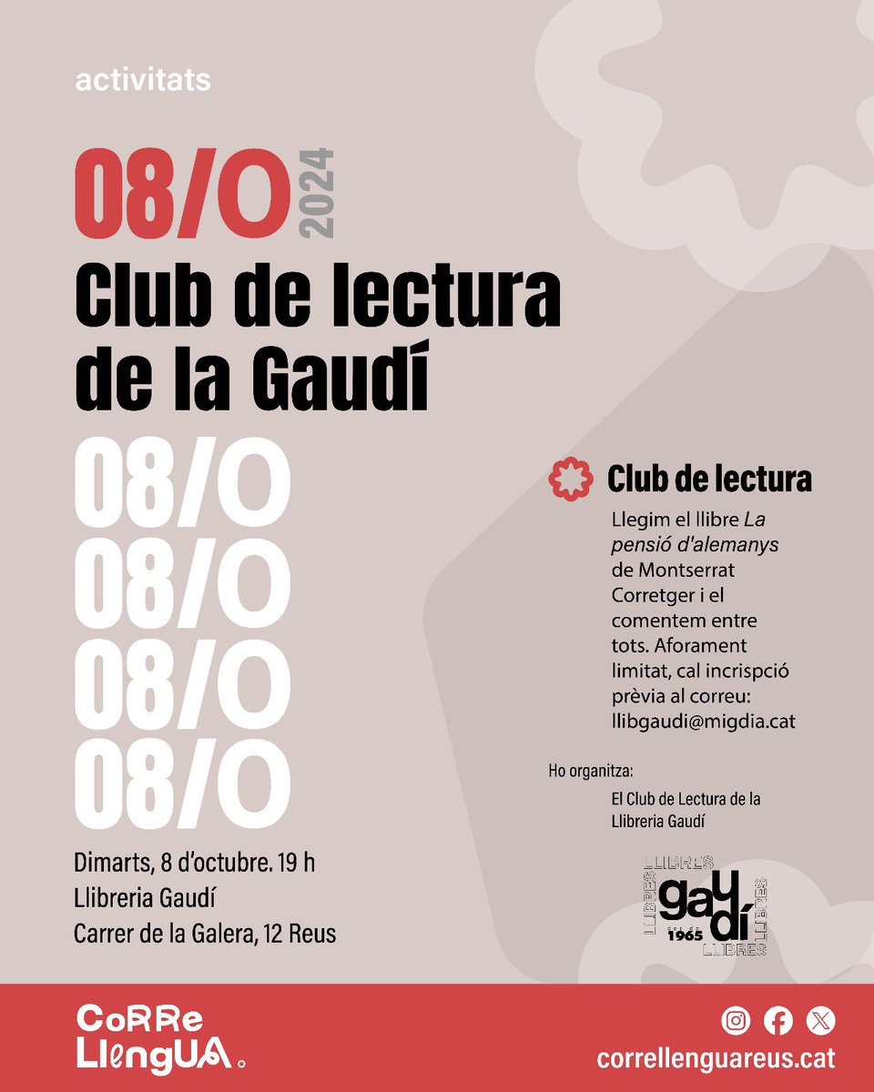 Correllengua Reus 2024 (@correllengua24) on Twitter photo El proper dimarts, dia 8 d’octubre, en el marc de les activitats organitzades per les entitats adherides al #CorrellenguaReus2024, el club de lectura de la <a href="/GaudiLlibreria/">Llibreria Gaudí</a> connecta la seva trobada mensual amb el #CorrellenguaReus2024 com a mostra de suport. Gràcies! El proper dimarts, dia 8 d’octubre, en el marc de les activitats organitzades per les entitats adherides al #CorrellenguaReus2024, el club de lectura de la <a href="/GaudiLlibreria/">Llibreria Gaudí</a> connecta la seva trobada mensual amb el #CorrellenguaReus2024 com a mostra de suport. Gràcies!
