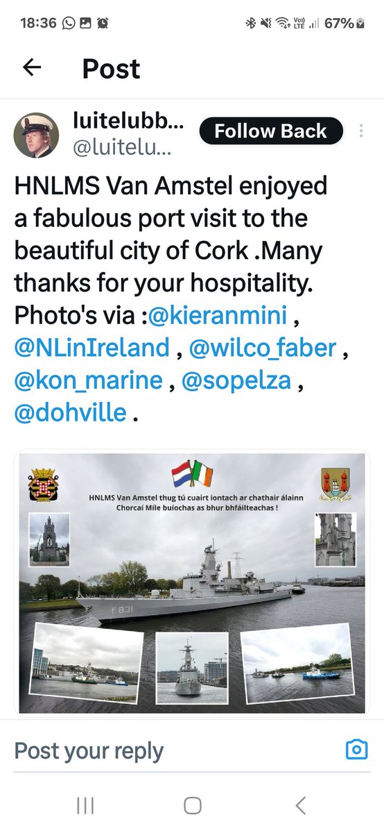 Delighted that the Dutch Navy used some of my photos of the Van Amstel leaving the port of Cork yesterday.