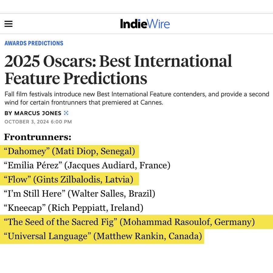 IndieWire named 4 of our @loftfilmfest selections as frontrunners for this year's Best International Film Academy Award! Catch local premieres of DAHOMEY, FLOW, THE SEED OF THE SACRED FIG &amp; UNIVERSAL LANGUAGE at this year's fest!

Tickets: buff.ly/3T7IaLk