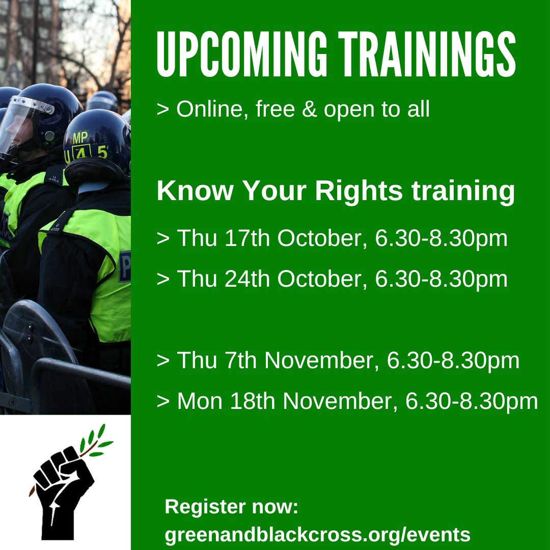 📢 🎉NEW TRAININGS ANNOUNCED 🦺⚖️🪧

Sign up to learn about your rights, guidance on interacting with the police whilst protesting, what happens if you get arrested, and more! greenandblackcross.org/events

#KnowYourRights