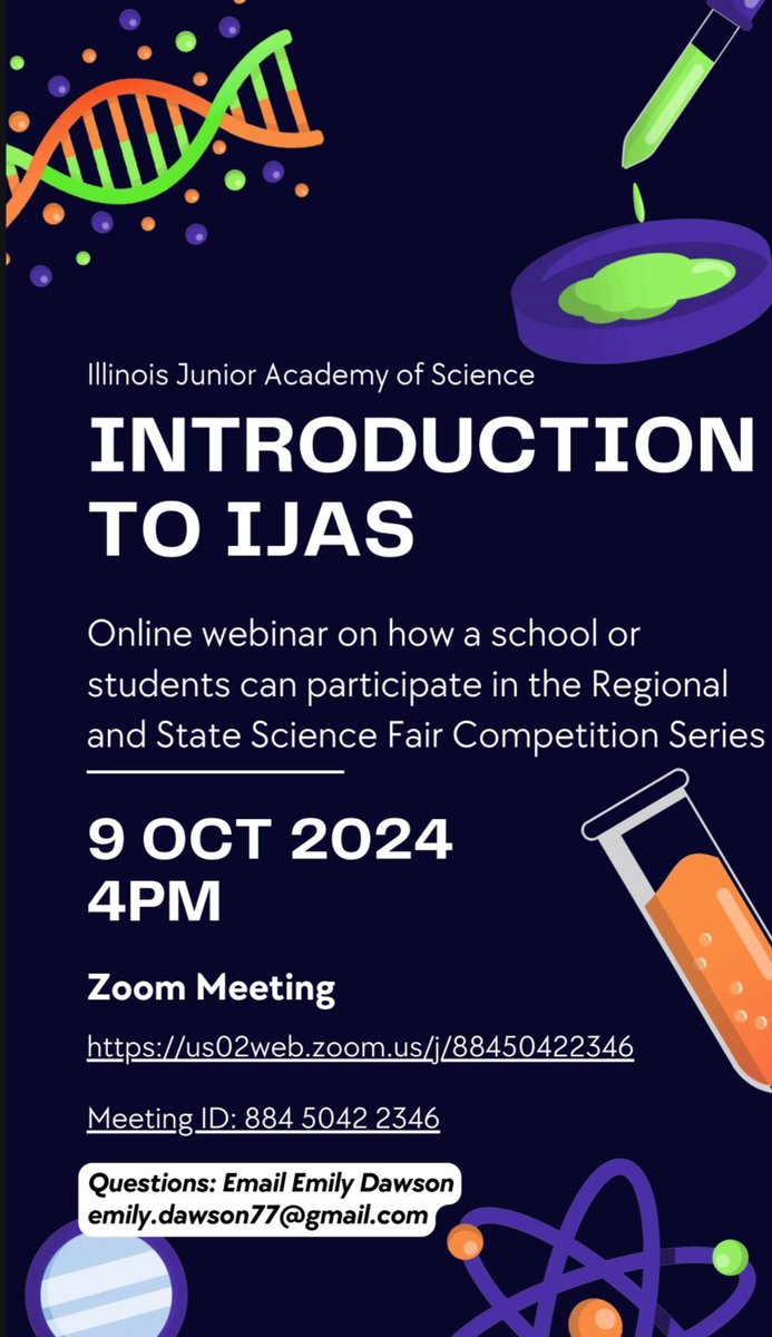 Are you curious about the <a href="/IJASorg/">Illinois Junior Academy of Science</a> State Science Exposition? Join us on Oct 9 at 4pm for "Intro to IJAS" webinar. Focus on Region 5, 1, and 12 but all sponsors &amp; parents welcome!

us02web.zoom.us/j/88450422346 
Meeting ID: 884 5042 2346

No password needed