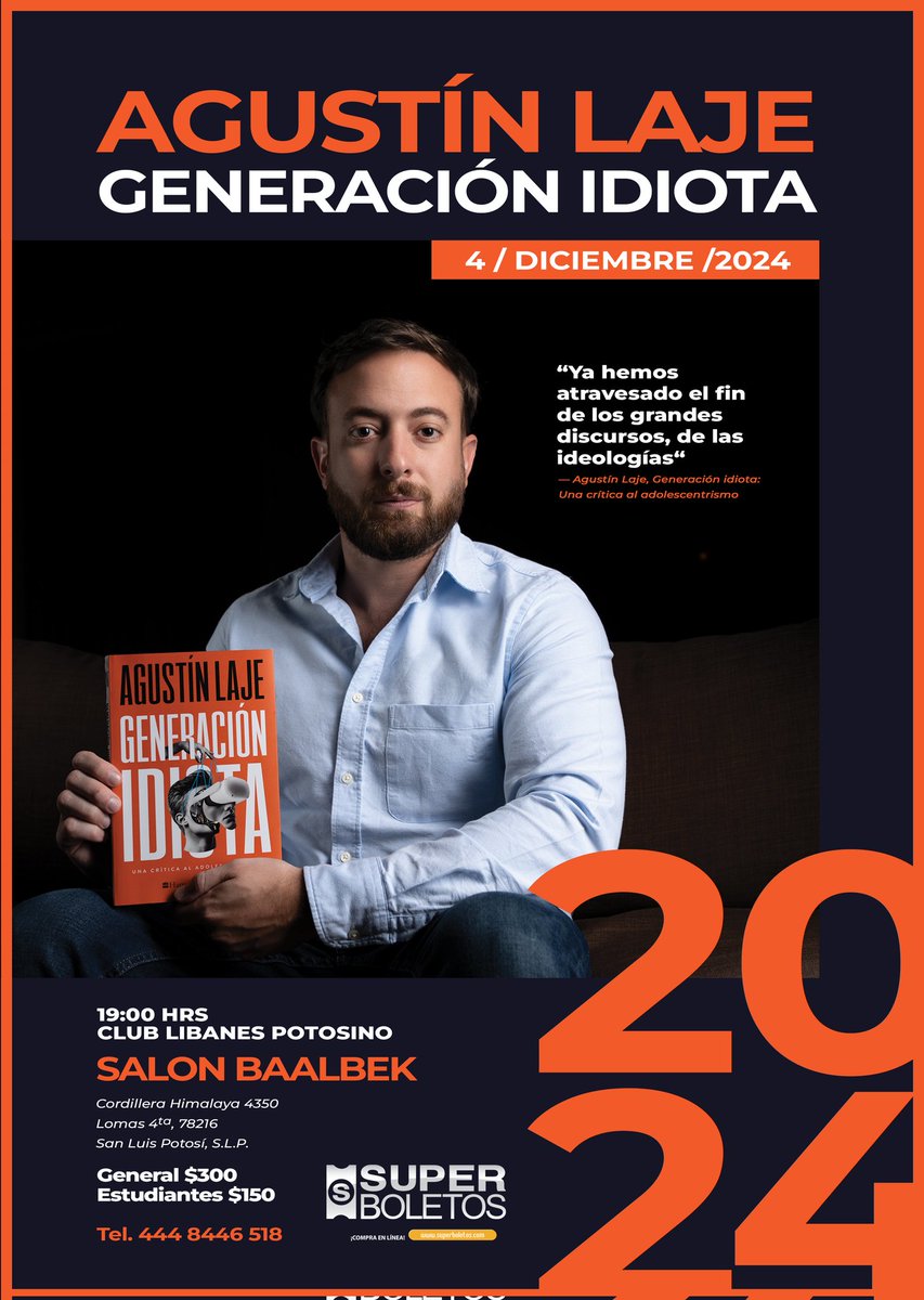 Boleto de estudiante se adquieren en puntos de venta <a href="/Superboletos/">Superboletos</a> tiendas innova sport ubicadas en citadina, the park, plaza san luis y sendero, con credencial de estudiante. Los boletos generales los encuentras en este link superboletos.com/landing-evento… <a href="/AgustinLajeFANS/">Verdad polemica.</a>  <a href="/AgustinLaje/">Agustín Laje</a>