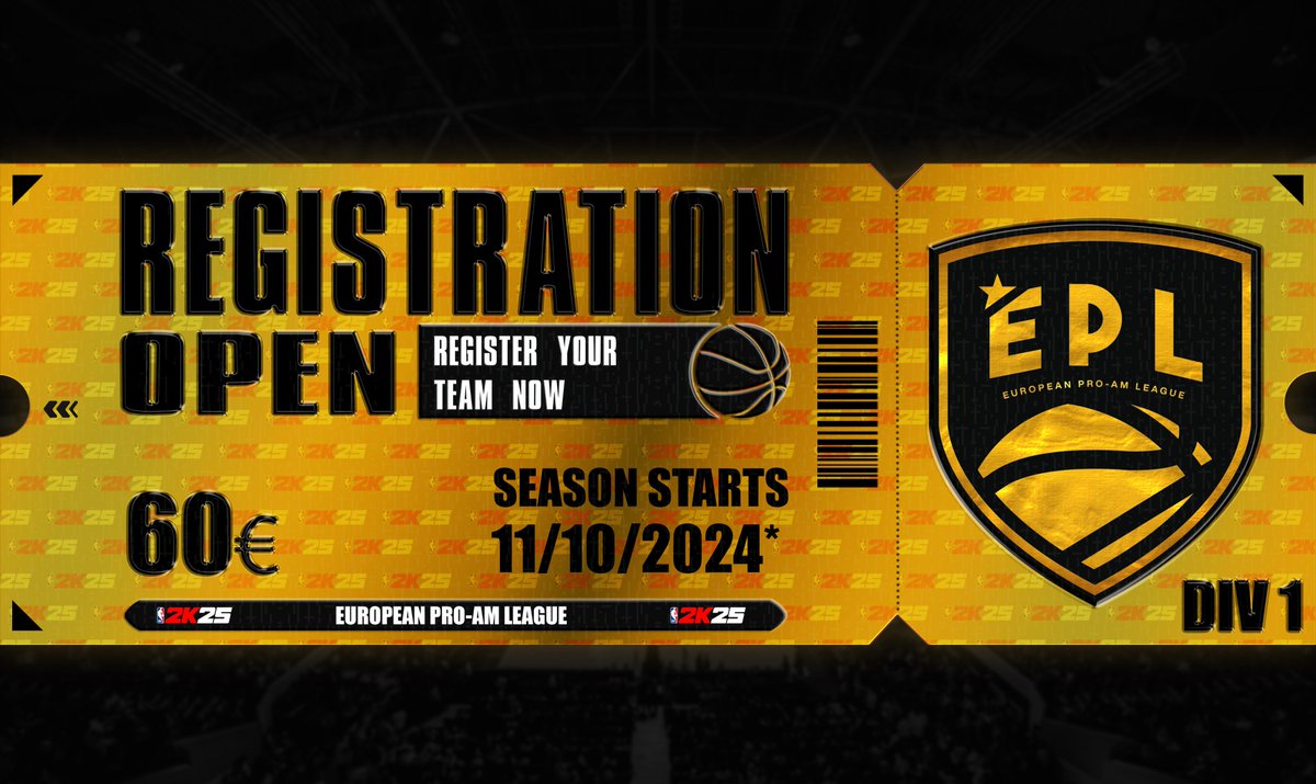 European Pro-Am League (@eplorg) on Twitter photo ๐จSzn5 is Here!!๐จ
EPL Division 1 Season - NBA2K25
๐๏ธGet your Early price Ticket!
๐ Players Awards  
๐ Stats Tracking
๐ Regular Season Events  
๐
 Playoff Sponsored Stream  
๐๏ธ 6 weeks format
๐ฐ 1500โฌ Cashprize*
   Register here :
๐Euproamleague.com
#RiseAndBall ๐จSzn5 is Here!!๐จ
EPL Division 1 Season - NBA2K25
๐๏ธGet your Early price Ticket!
๐ Players Awards  
๐ Stats Tracking
๐ Regular Season Events  
๐
 Playoff Sponsored Stream  
๐๏ธ 6 weeks format
๐ฐ 1500โฌ Cashprize*
   Register here :
๐Euproamleague.com
#RiseAndBall