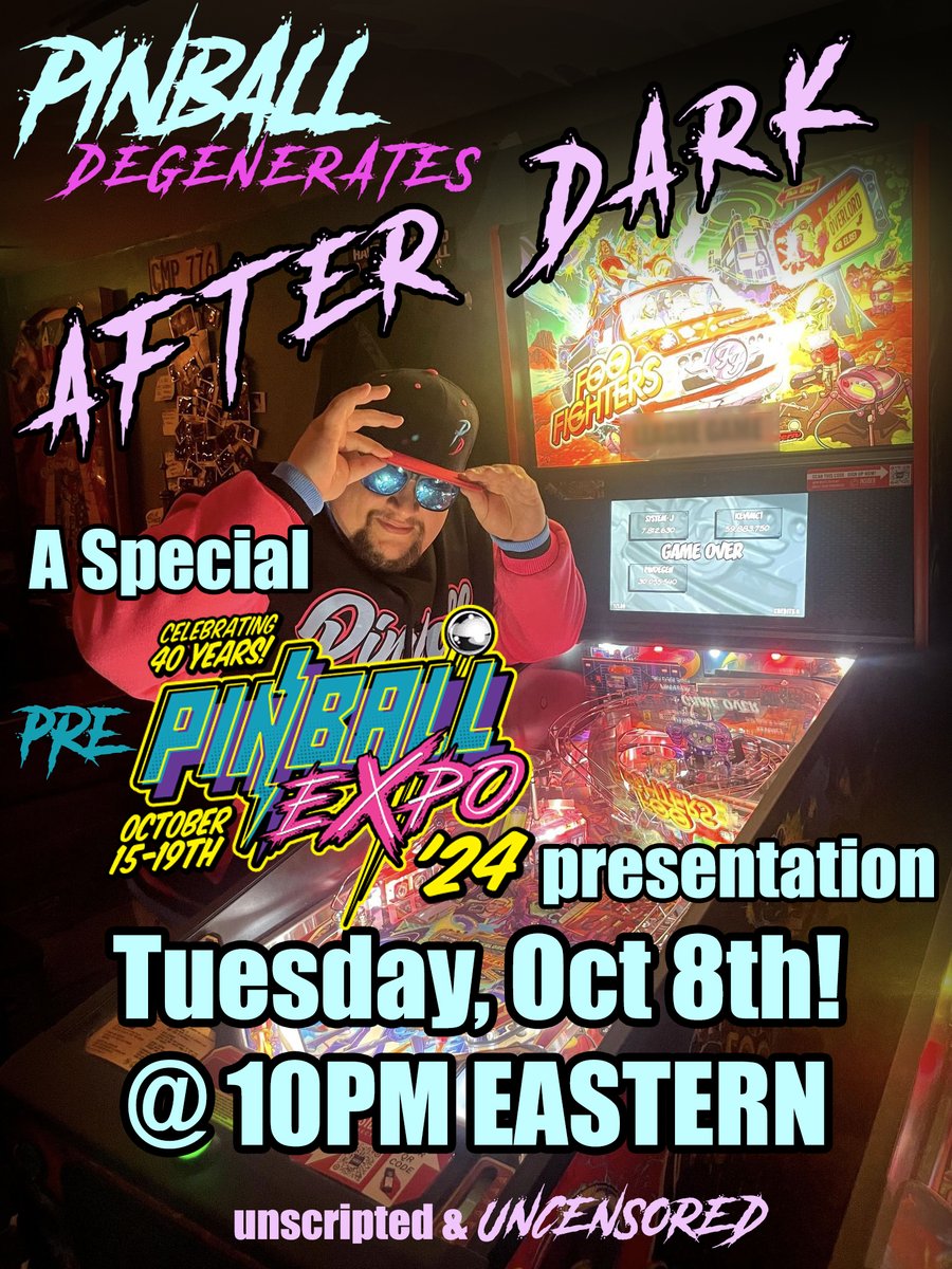 PinDeGen's tweet image. The 40th Anniversary of Pinball Expo is just around the corner and we've got LOTS of exciting degenerate news and announcements to talk about!
Tune into a special PRE-EXPO Degenerates After Dark on facebook LIVE this TUESDAY, OCTOBER 8th at 10PM Eastern!
Don't ya dare miss it!!