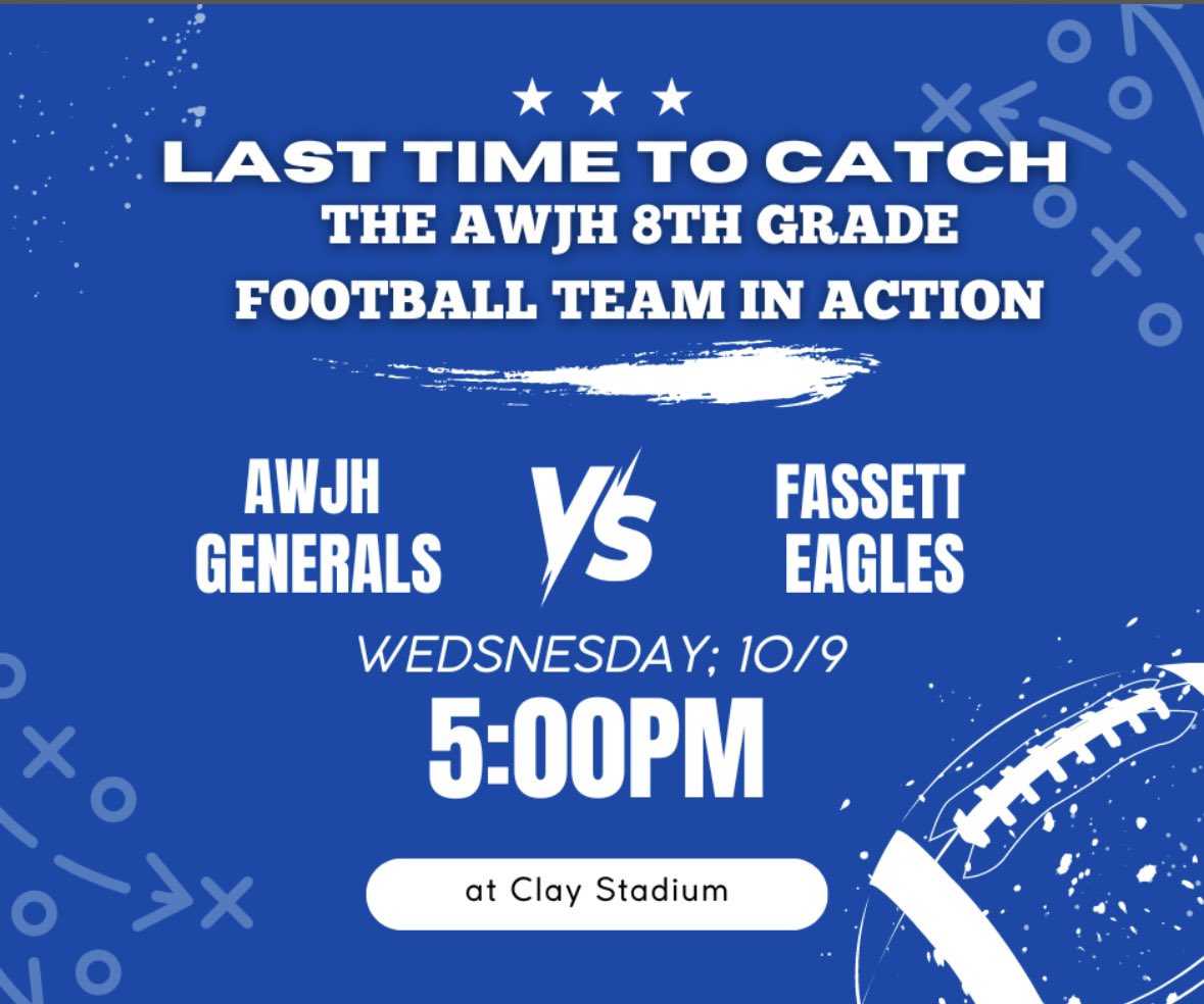 Next, BOTH of our AWJH FB teams are in action for the last time this season! The 7th grade team will be HOME and the 8th grade team will be AWAY!