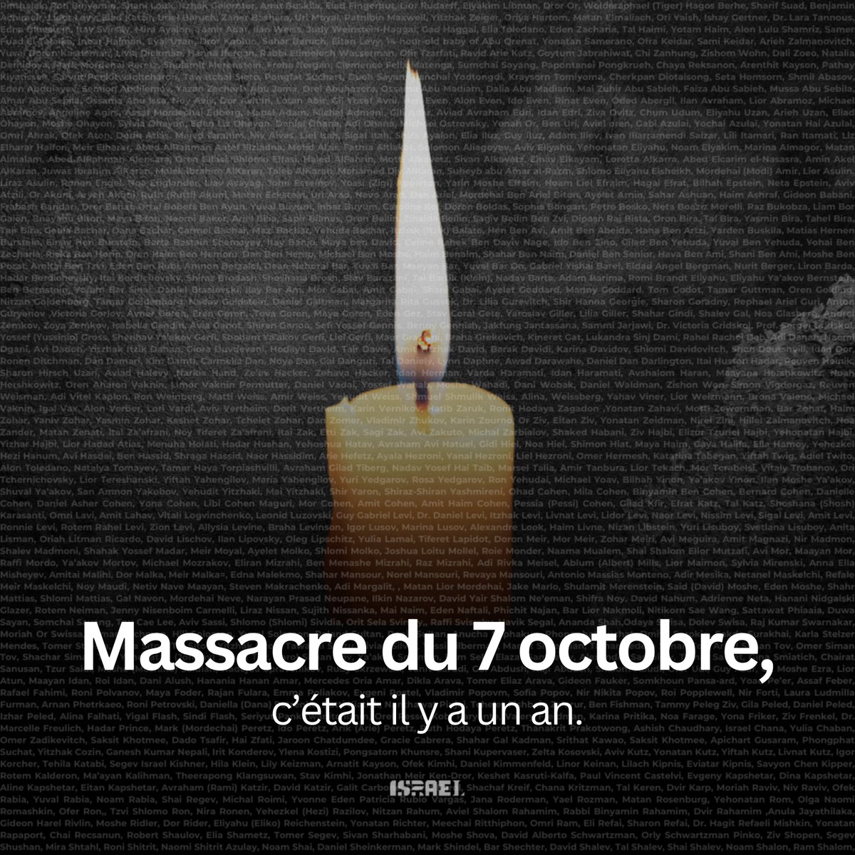 7 octobre 2023.

6h29.

Le temps s'est arrêté.

Beeri. Nahal Oz. Nir Oz. Reim. The Nova Festival. Kfar Aza. Sderot. Ofakim. Nirim. Holit. Zikim. Ashkelon. 

Nous nous souvenons des victimes. 
Nous prions pour le retour des otages.
#7octobre #RememberOctober7