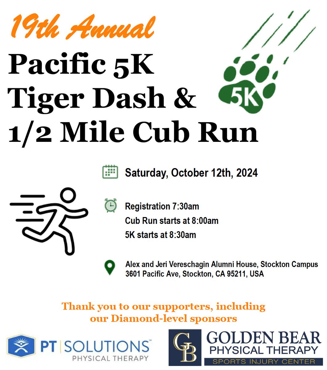. @pacificathletics Cross Country and @pacificdptweet are pleased to host the 19th Annual Pacific 5K Tiger Dash and 1/2 Mile Cub Run next weekend. Please join us for a run, walk, stroll, or roll through our scenic campus. We look forward to seeing you! runsignup.com/Race/CA/Stockt…