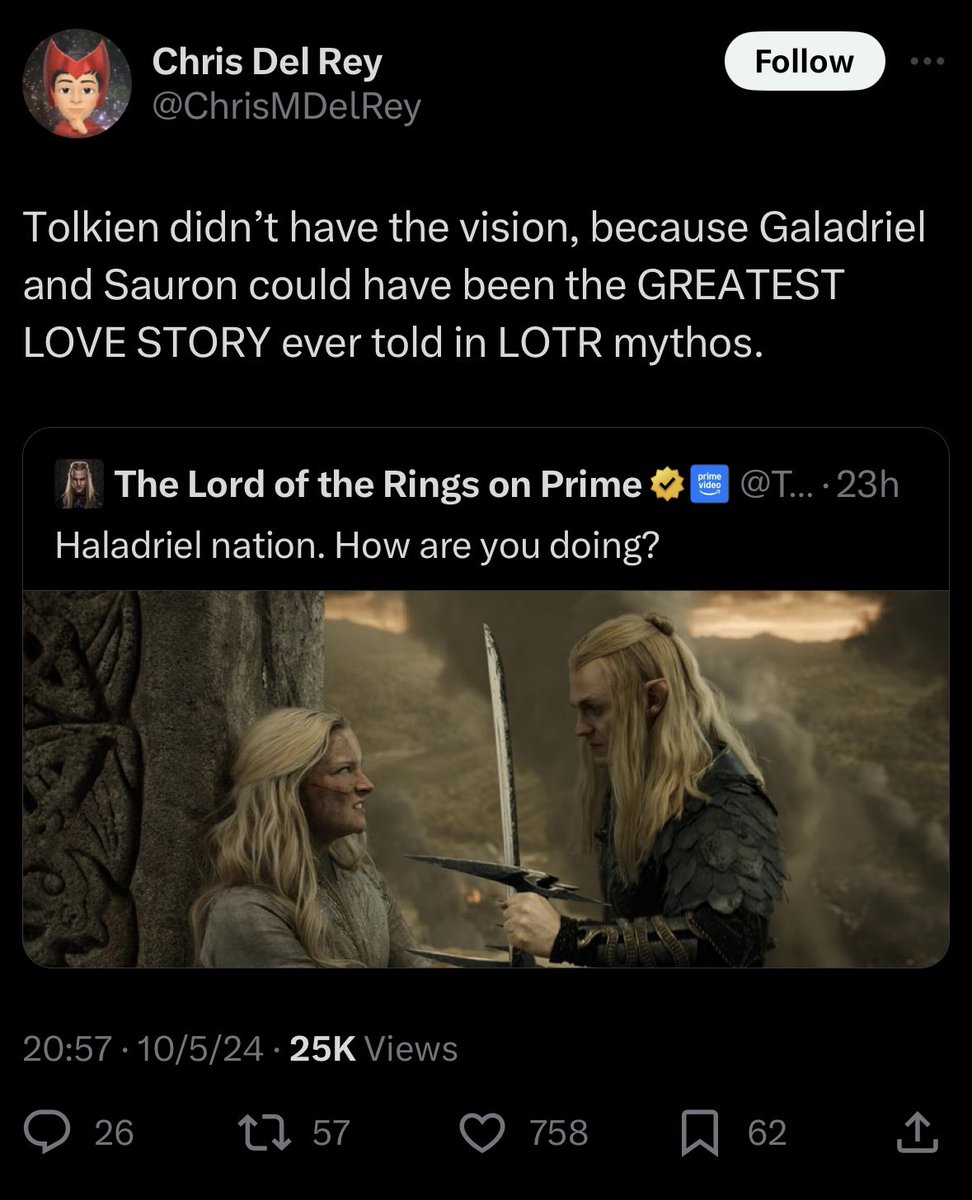 HelenaLahnstein's tweet image. Yep, this show is not for us. It’s for them. The vision Tolkien never had but the amazing Directors and Showrunners with their twisted version of Tolkiens legendarium. 🤮🤢

#RingsOfPowerS2