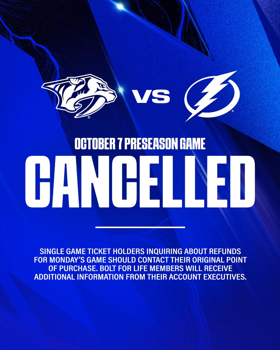 Tomorrow's game vs. Nashville at <a href="/AmalieArena/">Amalie Arena</a>, originally rescheduled from Sep. 27 due to effects from Hurricane Helene, has been cancelled as the Tampa Bay region prepares for Hurricane Milton.

Info: tbl.co/10-6update