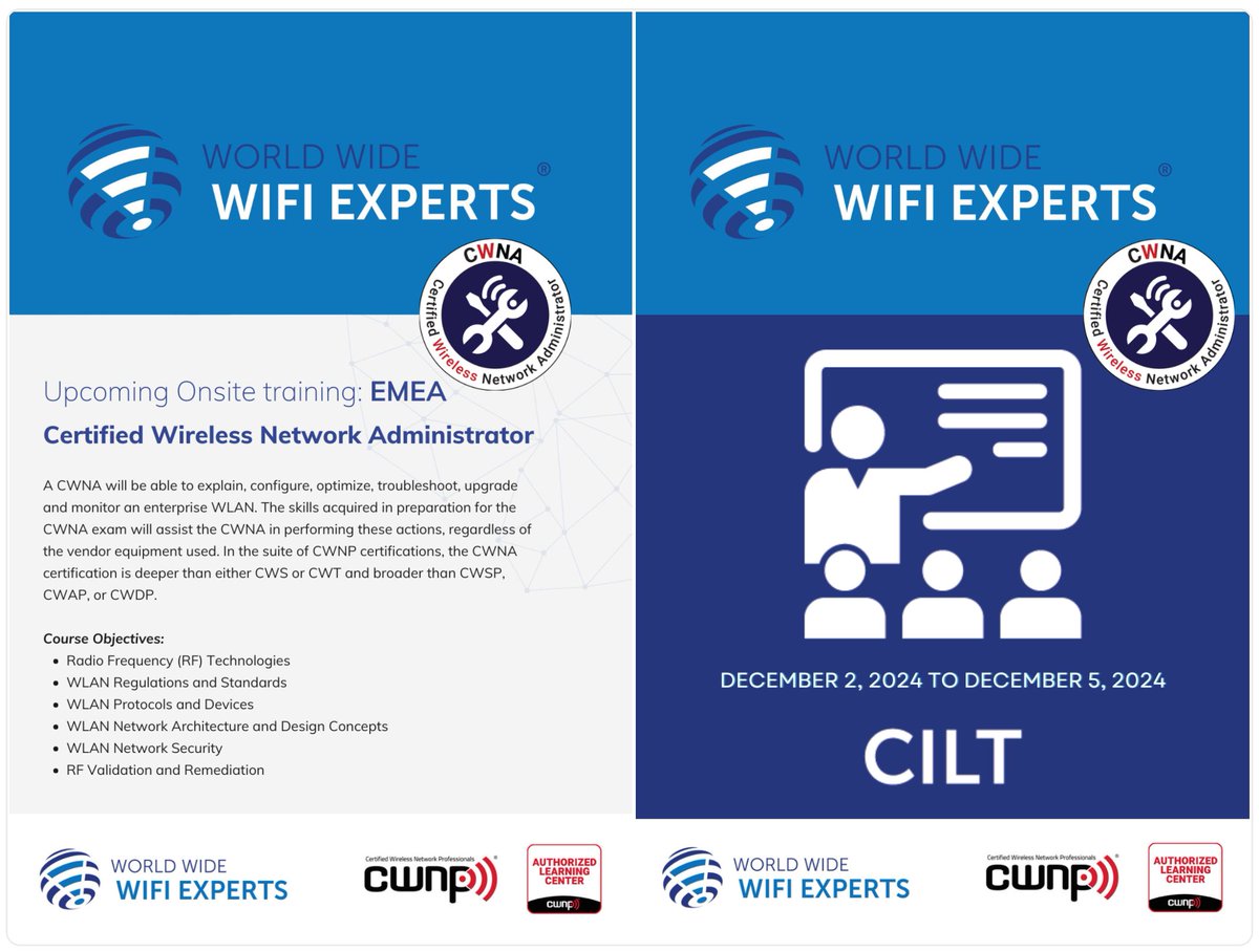 WWW_Experts's tweet image. @WWW_Experts still have open seats in the scheduled ONSITE EMEA @CWNP CWNA training course in December, 2024

For more information, please visit tinyurl.com/ye5pc458 or contact @WWW_Experts at training@worldwide-wifi-experts.com

#cwnp #wifi #rf #training #learning