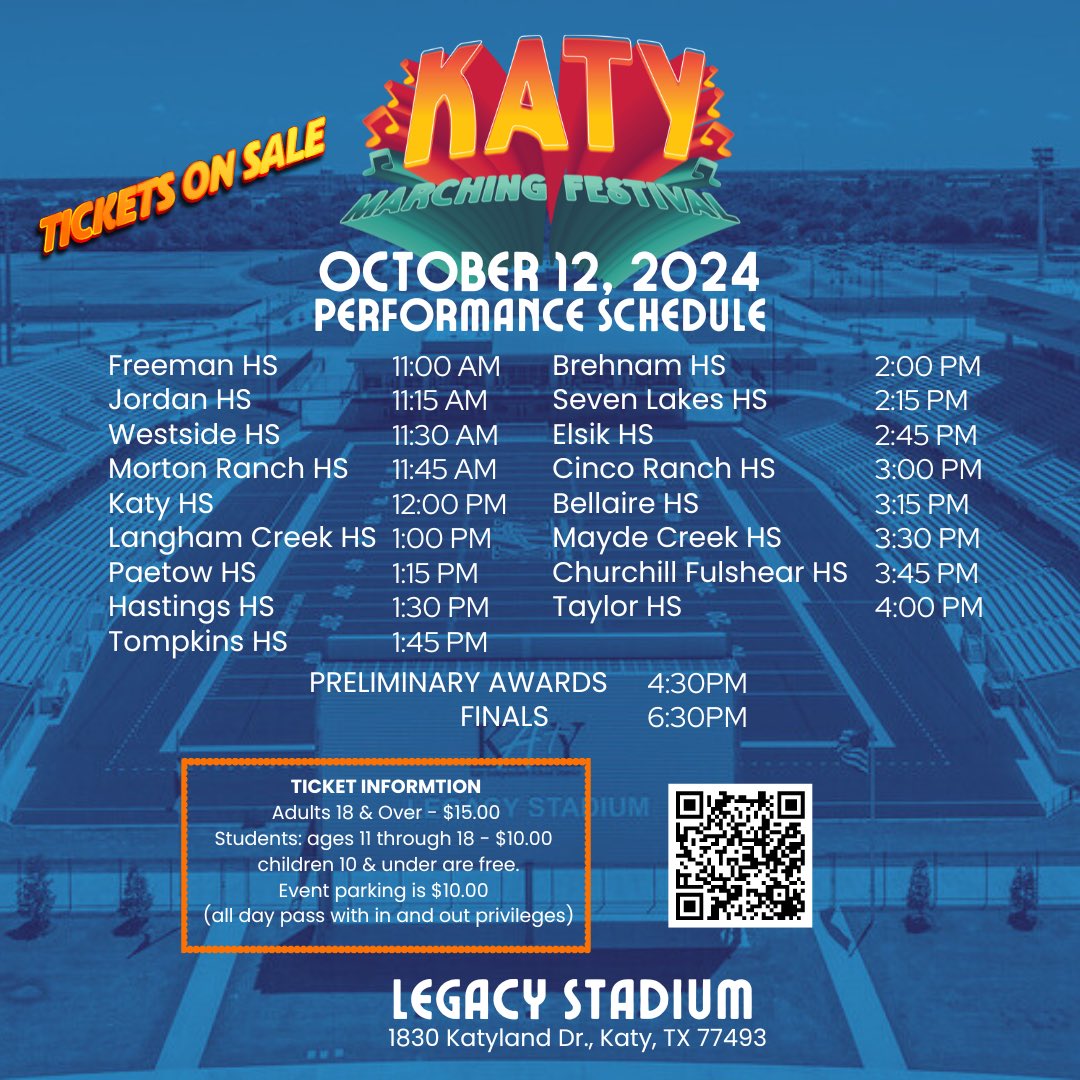 Get ready for the 2024 #katymarchingfestival on October 12, 2024 featuring some of the top bands in the area.  Please check the schedule to support our hand working artists 
  @fineartskatyisd #katyisdfinearts #highschoolmarchingband