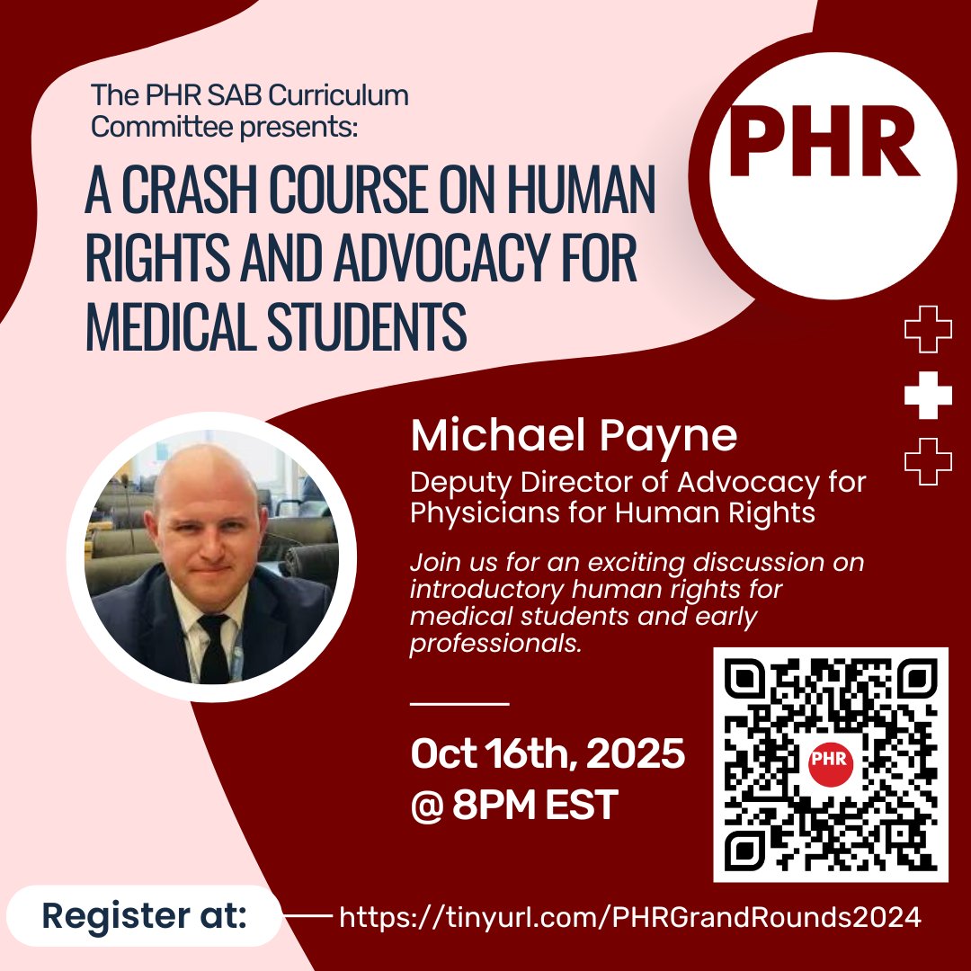 Our Grand Rounds series continues! Join Michael Payne, Deputy Director of Advocacy for PHR, and the SAB Curriculum Committee for an exciting introductory discussion on human rights for medical students and early professionals. 
<a href="/MichaelBPayne/">Michael Payne</a> <a href="/P4HR/">Physicians for Human Rights</a> 

tinyurl.com/PHRGrandRounds…