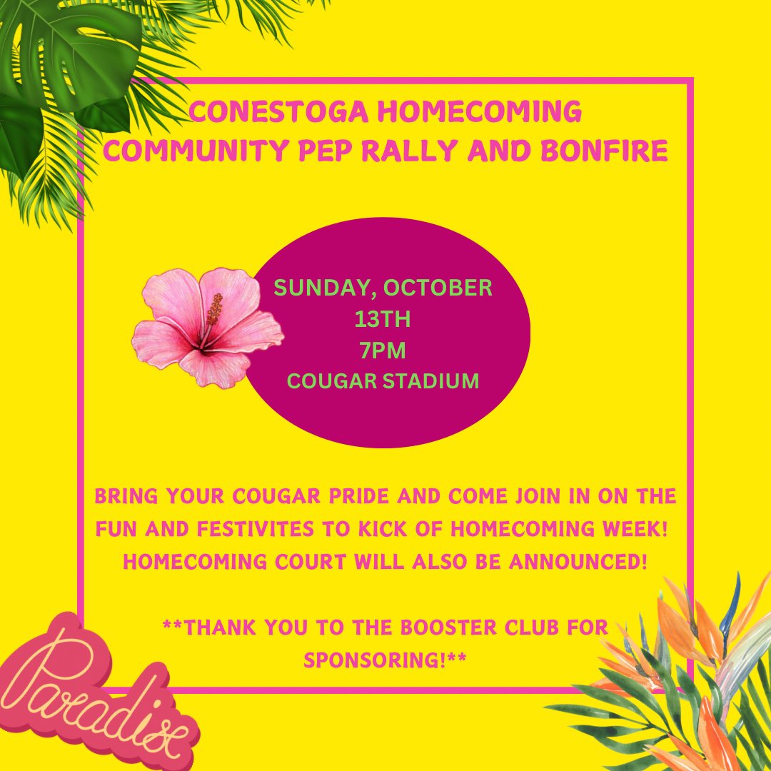 Join us Sunday, October 13th at 7pm to kick off homecoming week with a night of fun and cougar spirit at our Community Pep Rally! 7pm at Cougar Stadium! See you there! Go Cougars! 🐾 📣