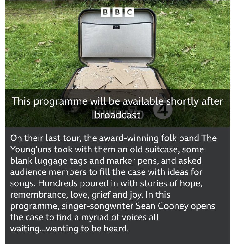 Sean Cooney (@storytellersean) on Twitter photo Thanks for listening to #TheSuitcase <a href="/BBCRadio4/">BBC Radio 4</a> tonight and to Martin, Angela, Madeleine, Ros & Robert for sharing their stories and to everyone who left a note in the case and to amazing producer <a href="/ishbelmont/">Elizabeth Foster</a> Catch up <a href="/BBCSounds/">BBC Sounds</a> Thanks for listening to #TheSuitcase <a href="/BBCRadio4/">BBC Radio 4</a> tonight and to Martin, Angela, Madeleine, Ros & Robert for sharing their stories and to everyone who left a note in the case and to amazing producer <a href="/ishbelmont/">Elizabeth Foster</a> Catch up <a href="/BBCSounds/">BBC Sounds</a>