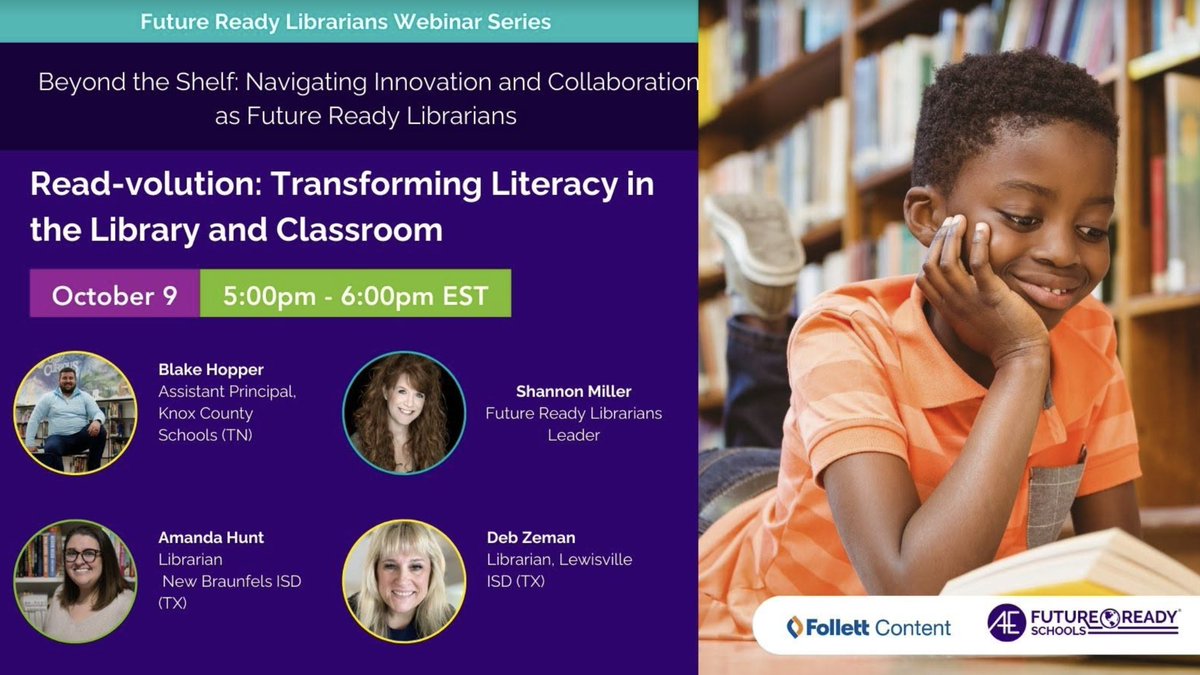 Shannon McClintock Miller (@shannonmmiller) on Twitter photo I am so excited about our NEW Future Ready Librarians webinar, Read-volution: Transforming Literacy in the Library and Classroom, coming up this week on October 9 at 5:00pm EST. 📚
In this webinar, I will be joined by my amazing friends, <a href="/thelitprincipal/">Blake Hopper</a> <a href="/thenextgenlib/">Amanda Hunt she/her 🔜 #ISTELive25</a> and I am so excited about our NEW Future Ready Librarians webinar, Read-volution: Transforming Literacy in the Library and Classroom, coming up this week on October 9 at 5:00pm EST. 📚
In this webinar, I will be joined by my amazing friends, <a href="/thelitprincipal/">Blake Hopper</a> <a href="/thenextgenlib/">Amanda Hunt she/her 🔜 #ISTELive25</a> and