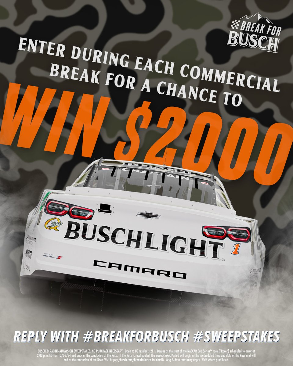 BuschBeer's tweet image. ANOTHER COMMERCIAL BREAK, RACE FANS 💰 💰​​

REPLY NOW using #BreakForBusch #Sweepstakes for a chance to walk away with $2K! #YellaWood500 @TALLADEGA​ #NASCARPlayoffs