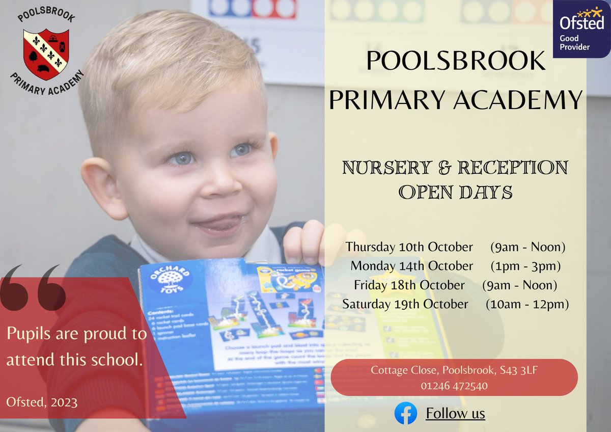 We can't wait to welcome families into school on Thursday morning for our first Nursery and Reception open morning. 

Please contact our office for any queries on 01246 472540.