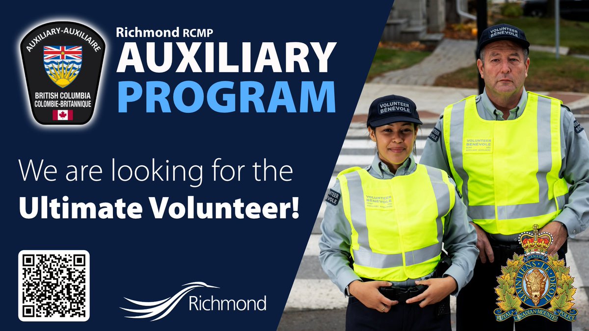🚓✨ Are you passionate about community policing and public safety? Join <a href="/RichmondRCMP/">Richmond RCMP</a>’s Auxiliary program and become the Ultimate Volunteer! 🌟 It’s a unique and rewarding way to serve your community. Learn more and apply today: bit.ly/4eqJKlv
#RichmondBC