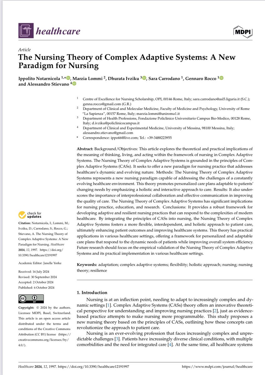 “For me, this work represents a fundamental step in rethinking nursing care. The theory of Complex Adaptive Systems offers new opportunities to improve patient care, with a more flexible and resilient approach. I am proud to share this contribution.#healthcare MDPI