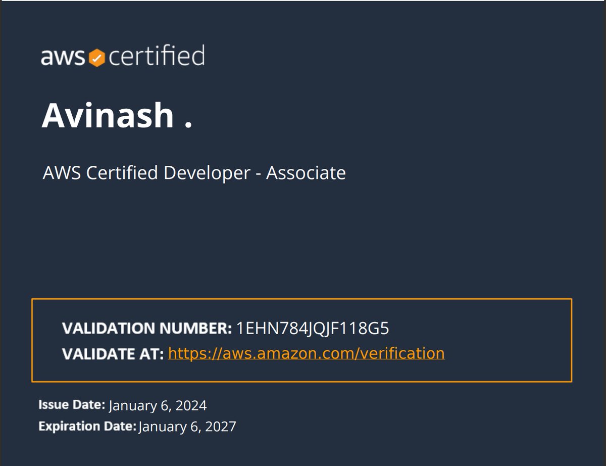 DhillorAvinash's tweet image. 🚀 Earned my AWS Certified Developer – Associate badge in Jan 2024, posting it a bit late! 😅 Excited to keep leveling up on AWS and building scalable apps. What’s your 2024 #Cloud goal? Let’s connect! 🤝

#AWSCertified #CloudDeveloper #AWS #DevOps #TechJourney