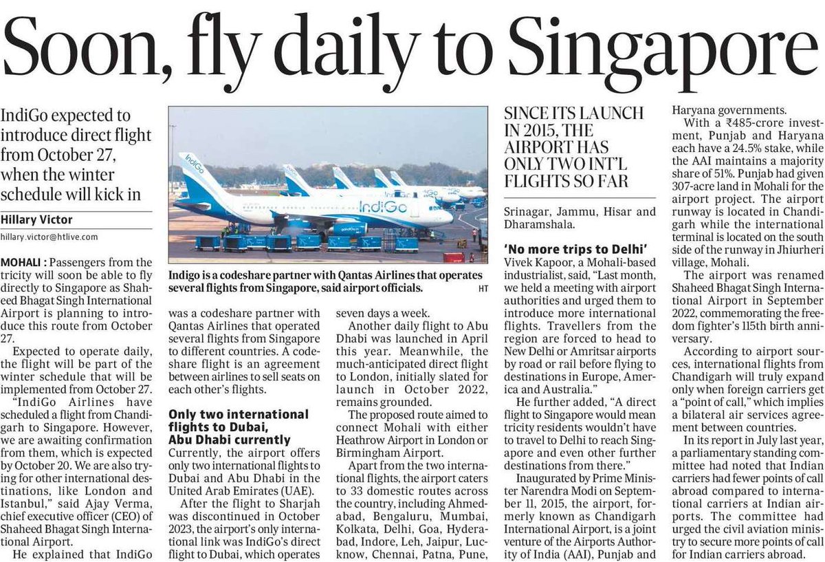 Dr Hillary Victor (@hillary_victor) on Twitter photo Passengers from the tricity will soon be able to fly directly to Singapore as Shaheed Bhagat Singh International Airport is planning to introduce this route from October 27. <a href="/ManishTewari/">Manish Tewari</a> <a href="/BhagwantMann/">Bhagwant Mann</a> Passengers from the tricity will soon be able to fly directly to Singapore as Shaheed Bhagat Singh International Airport is planning to introduce this route from October 27. <a href="/ManishTewari/">Manish Tewari</a> <a href="/BhagwantMann/">Bhagwant Mann</a>