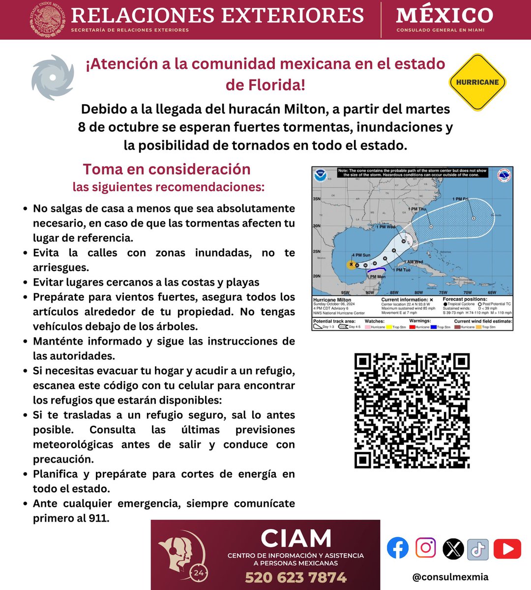 MEDIDAS DE PREVENCIÓN ANTE HURACÁN “MILTON”:

🆘El <a href="/ConsulMexMia/">ConsulMex Miami</a> solicita a la comunidad mexicana atender las recomendaciones de las autoridades locales ante la próxima llegada de huracán “Milton” a la Costa del Golfo de Florida. 

Recuerden tener a la mano los siguientes números