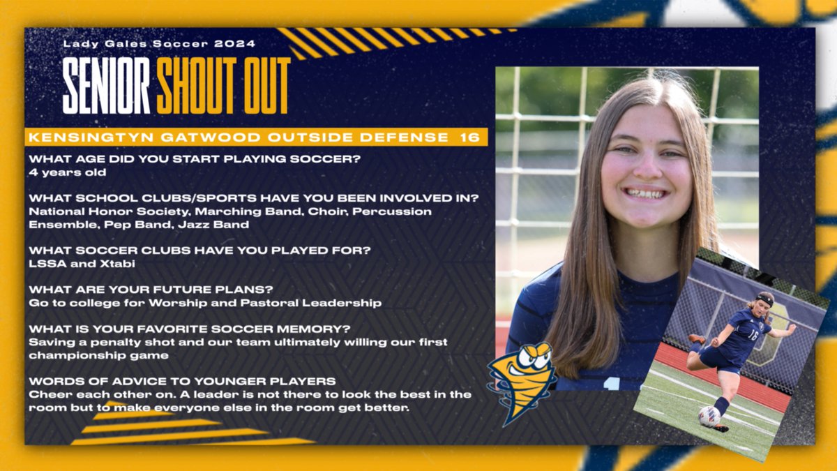 Senior shout-out to Kensingtyn Gatwood, our outstanding outside defender! Your hard work and determination on and off the field have been incredible. We can’t wait to see all that you will achieve! 
#GoLadyGales