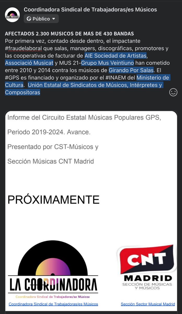 2.300 MÚSICOS DE MAS DE 430 BANDAS, AFECTADOS POR EL #FRAUDELABORAL DEL #GPS.  

12, 5  millones de euros de <a href="/INAEM_Cultura/">INAEM</a> y <a href="/culturagob/">Ministerio de Cultura</a> empleados en 9 millones de euros de sanción  de la #InspecciondeTrabajo.  Se dice pronto.