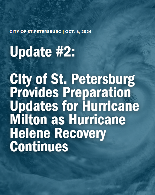 UPDATE #2 – MILTON PREP &amp; HELENE RECOVERY

A lot to cover tonight:

👉 Milton Situation Update
👉 City Ops &amp; Closures
👉 Special Needs Residents
👉 Shelters &amp; Parking
👉 Information &amp; Guidance for Residents 
👉 Helene Debris Collection

Read it all here: stpete.org/news_detail_T3…