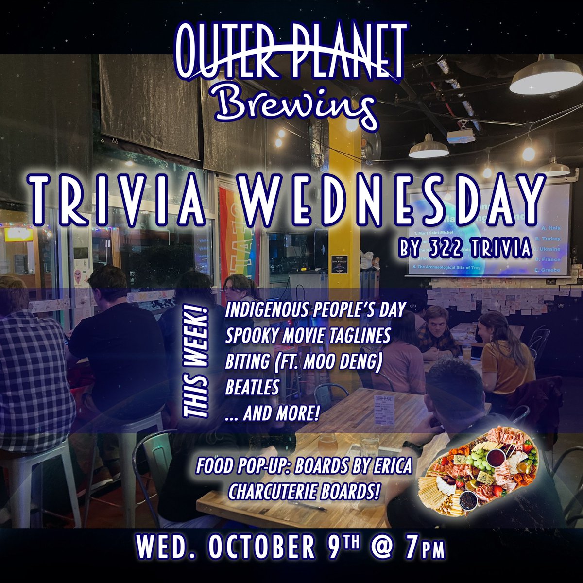 Trivia is back this week at Outer Planet! Join us for a free quiz at 7pm with food by Boards by Erica 🧀🥖 Prizes for teams in 1st, 2nd and last place 🏆  
#trivia #wabeer #bartrivia