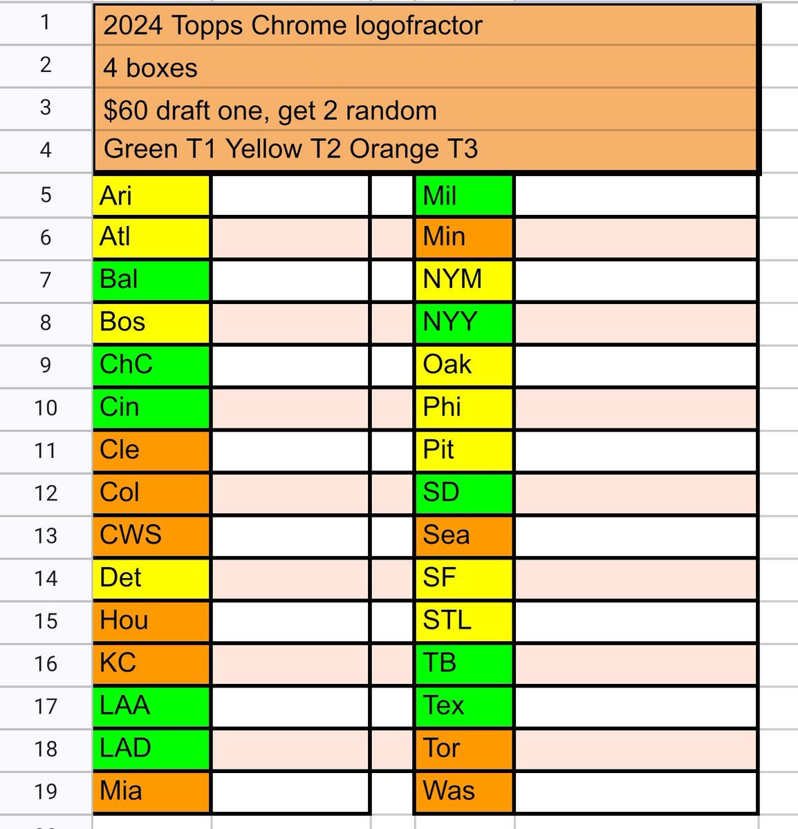 rdaex1's tweet image. 2024 #Topps Chrome Logofractor 

4 boxes 

3 teams per claim!
Draft 1, get 2 random

Random will be tiered, according to the chart. So no one will get 2 tier 3 teams!

@PCOregonDucks2 @cardhunter333 @mikmocards @sw_card @agunn23 @Hobby_Connect @HobbyRetweet_ 
#boxbreak #boxbreaks