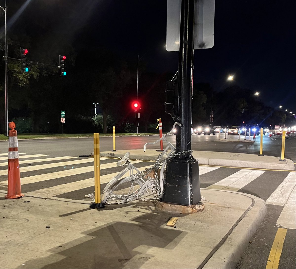 Gerardo’s ghost bike was destroyed by a driver, replaced, stolen by the city, replaced, and now has been destroyed by a driver again.

It will not be an accident when another person is killed at this intersection.