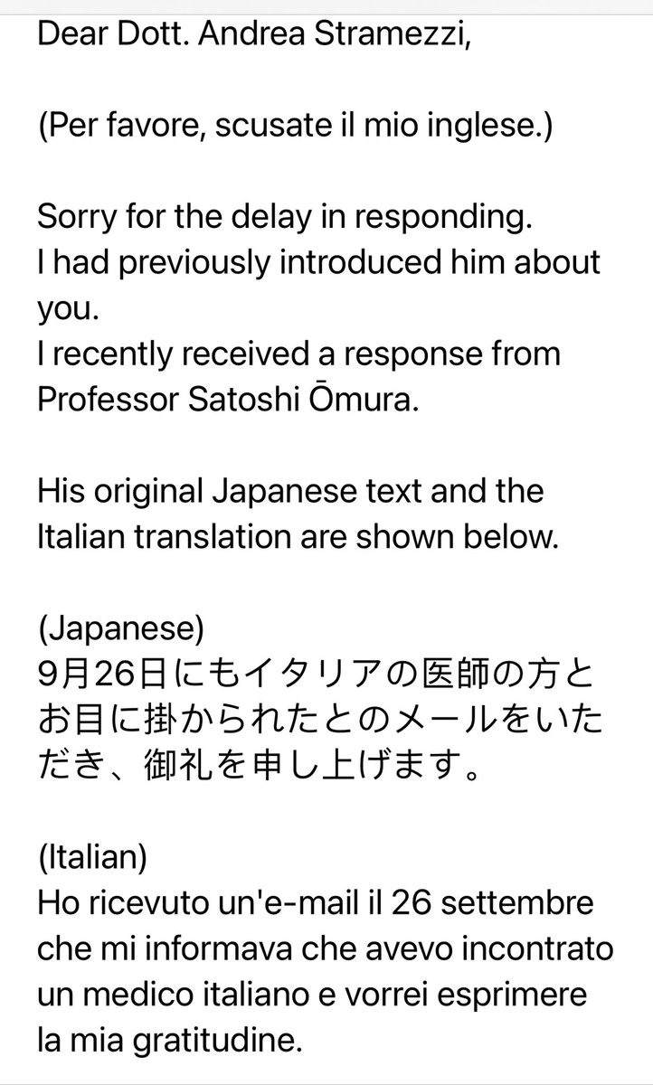 Mi è appena arrivata una e.mail inaspettata, che mi ha fatto un estremo piacere.
Il Premio Nobel per la Medicina, per la scoperta dell’Ivermectina, Prof. Satoshi Ömura, ha saputo delle mie parole in conferenza stampa, sulle potenzialità dell’Ivermectina, che ha già salvato
