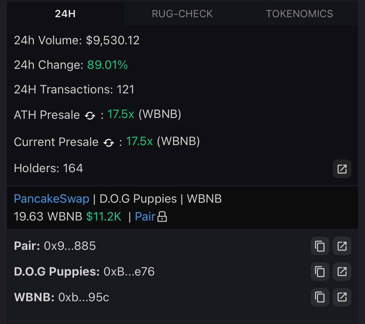 UPDATE NEW ATH X17.5

I Burned 3500$ D.O.G PUPPIES today:
bscscan.com/tx/0x5f6c9f201…

Community power creates spread value.