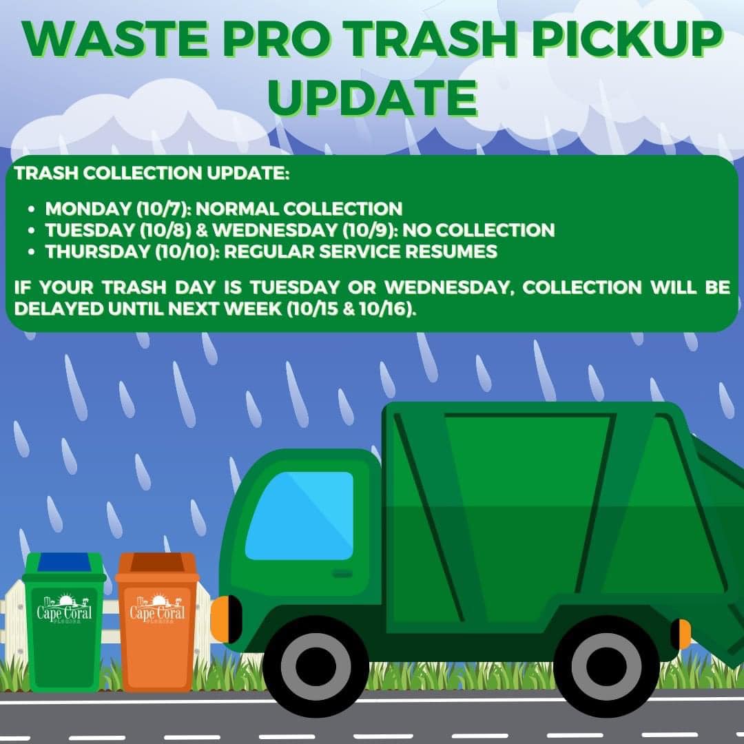 Trash collection will occur as scheduled on Monday, October 7. However, there will be no trash collection on October 8 or 9. Regular service will resume on Thursday, Oct. 10. If your pickup day is Tuesday or Wednesday, collection will be delayed until next week (October 15 &amp; 16).