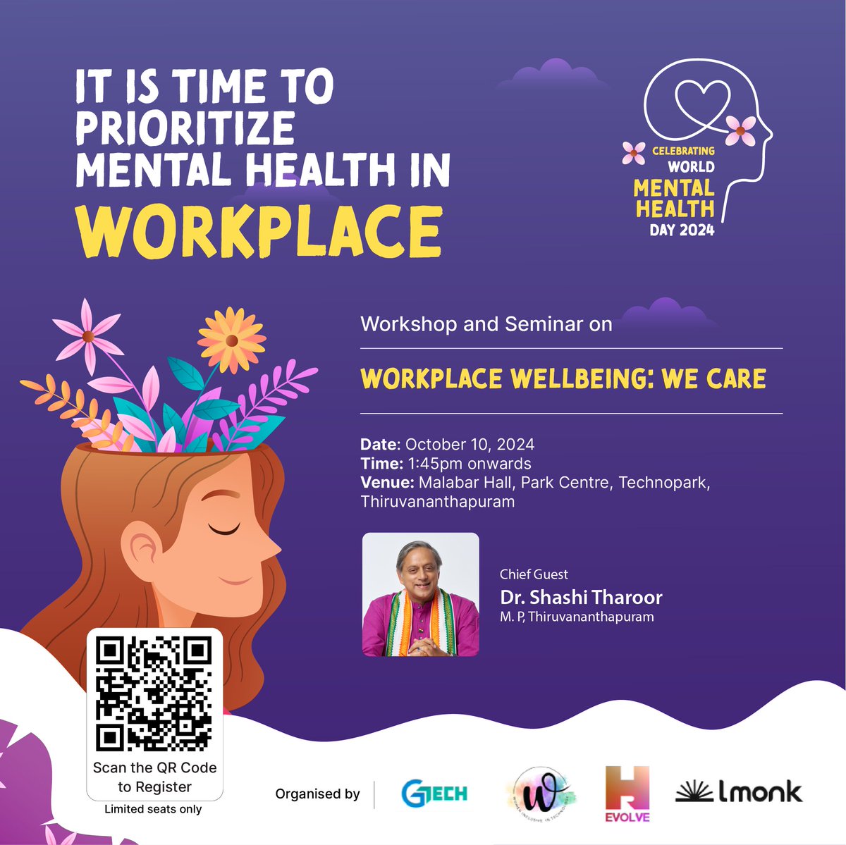 lmonkIN's tweet photo. Excited to host Dr. Shashi Tharoor @ShashiTharoor, MP of Thiruvananthapuram, who graciously agreed to be the Chief Guest of the event to celebrate #WorldMentalHealthDay2024 in Technopark on October 10th, 2024. 

#WMHD2024 #WorkplaceWellbeing #NormalizeSeekingHelp @DinkarKrishnan https://t.co/gPkTZHIMF3