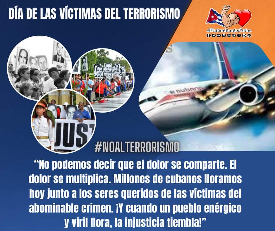 #TenemosMemoria
Cuba recuerda y rinde tributo hoy a las víctimas del Terrorismo, en el 48 aniversario del horrendo crimen del vuelo de Barbados, acontecido el 6 de octubre de 1976. ¡Gloria Eterna!
 #NoAlTerrorismo
#CubaMined
#EducacionVillaClara