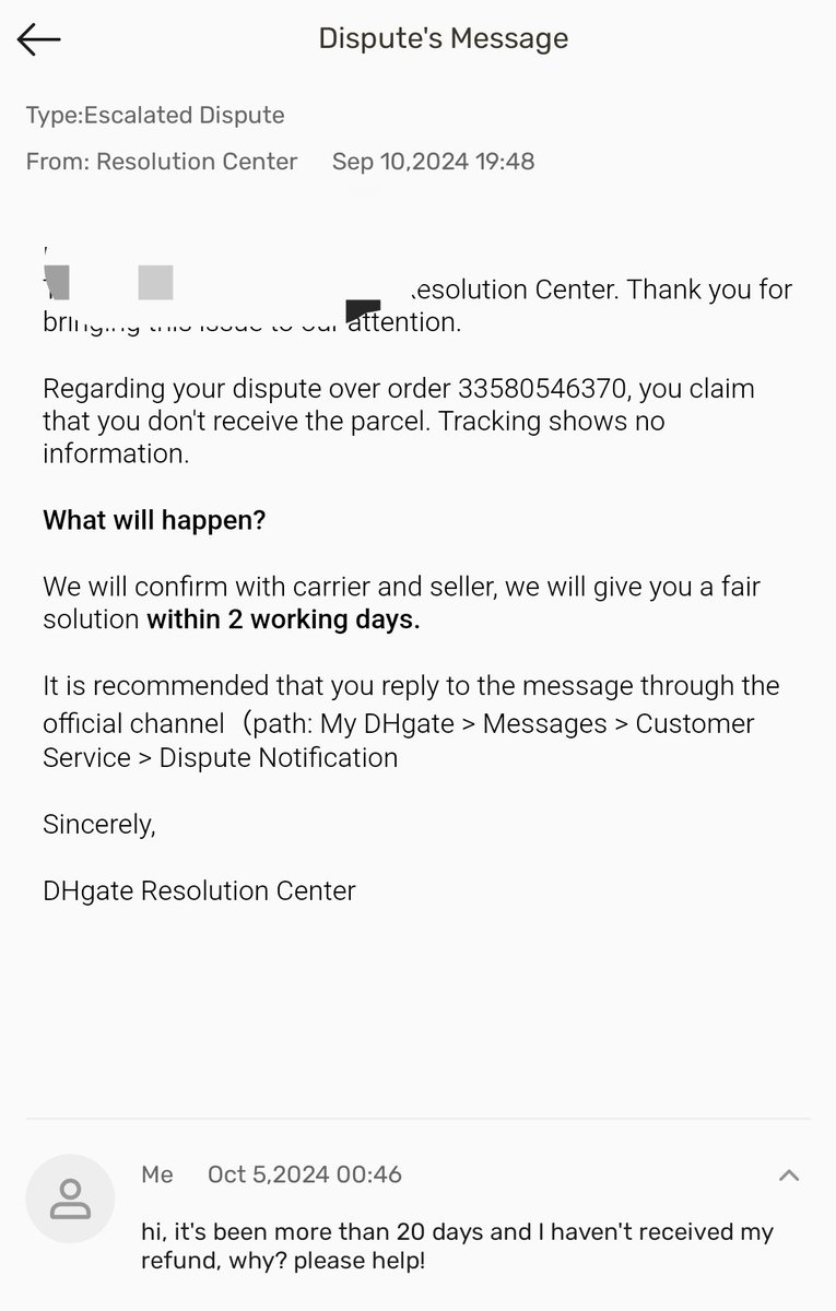 placeboroy's tweet photo. @dhgate Almost 30 days since dhgate resolved a dispute of an order that wasn't sent after 6 weeks from a seller that already disappeared from their site and I haven't received my money back, DO NOT BUY FROM THESE SCAMMERS! https://t.co/7HCCn7YJBA