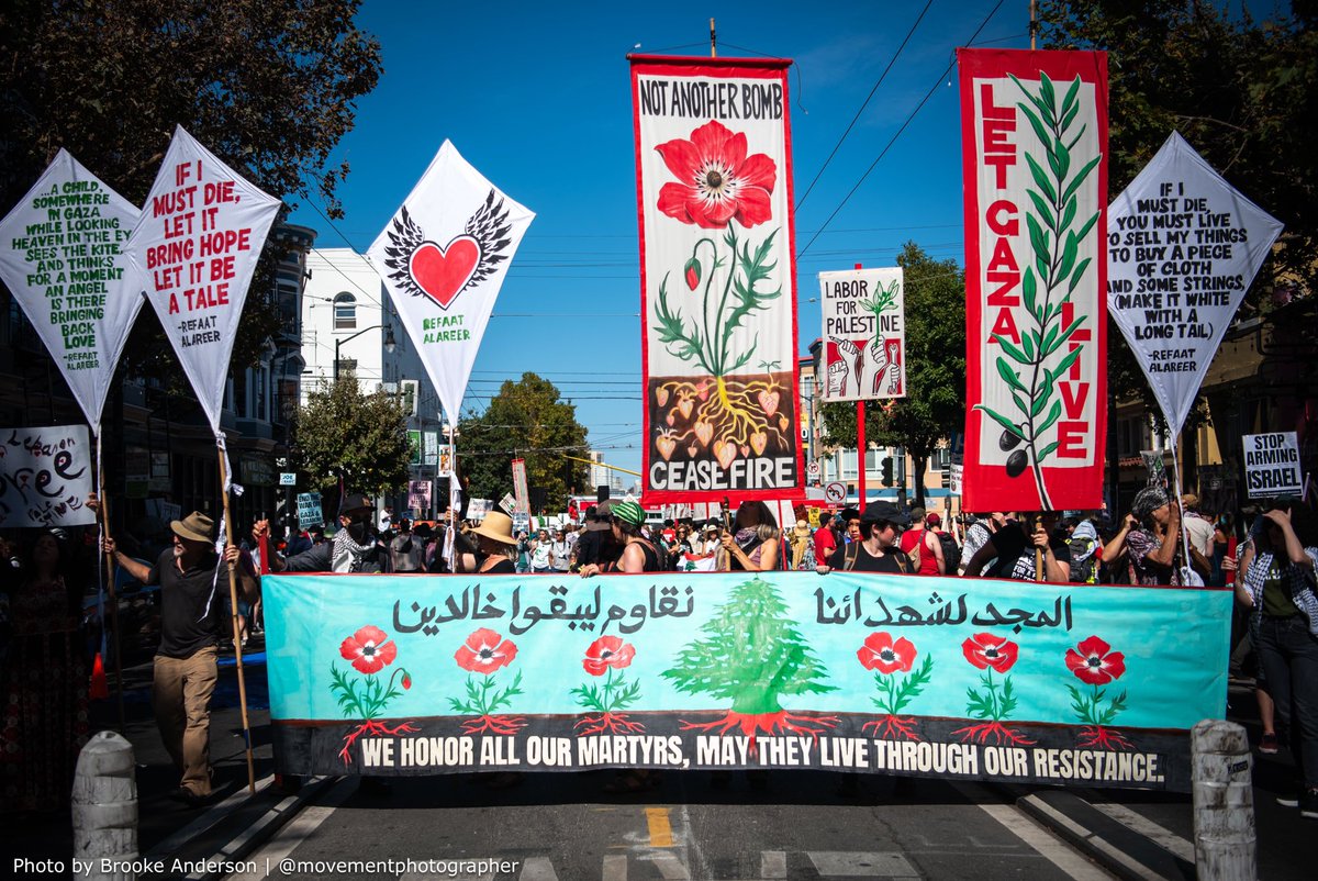movementphotog's tweet photo. Thousands of people across the Bay Area took to the streets today to commemorate 1yr of Israel’s ongoing genocide in Palestine, demanding an immediate end to the war, an end to the 17yr siege on Gaza, and that the Biden-Harris admin enact an immediate arms embargo against Israel https://t.co/K00oLCsvNp