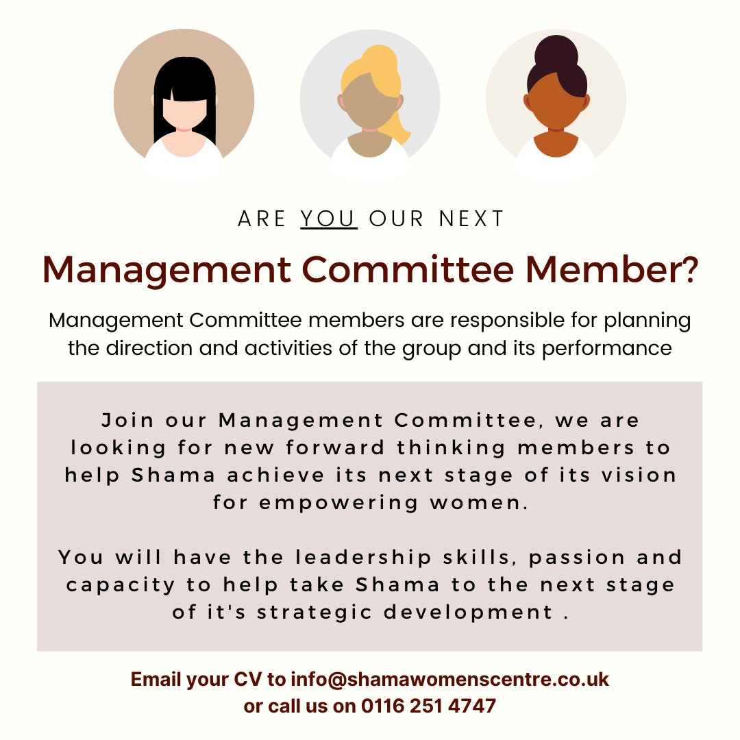 shamacentre's tweet photo. Are you passionate about empowering women and their families in our community? We are looking for new management committee members to help us continue our growth & impact. Join us in making a difference!
#Trustee #ManagementCommittee #ShamaWomensCentre #Leicester #BAMEcommunity https://t.co/nrfpfx4Uxk