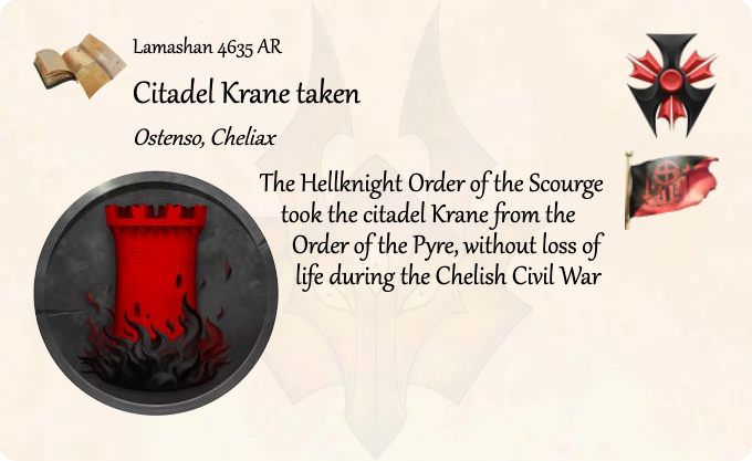 GolarionToday's tweet photo. Lamashan 4635 AR: Citadel Krane taken
#Ostenso #Cheliax #CitadelKrane #OrderOfTheScourge #ChelishCivilWar #4635AR
https://t.co/PSut7K1hsJ
The Hellknight Order of the Scourge took the citadel Krane from the Order of the Pyre, without loss of life during the C… https://t.co/MKMx3EtZoI