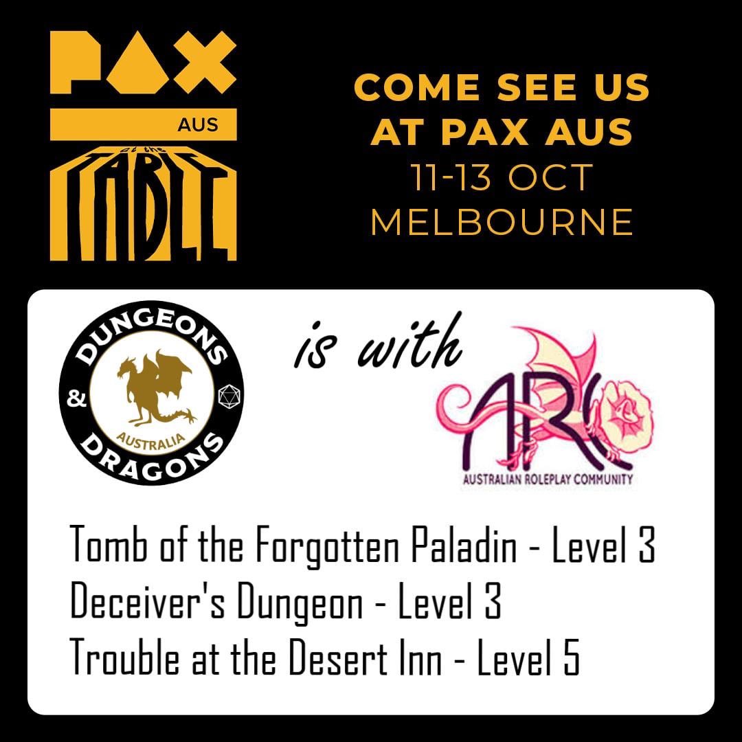 dndaust's tweet photo. We are also very proud to announce that we’ve got an additional table in the Tabletop area as part of Pax at the Table with our friends @ARCttrpg! If past years are any indication places will def book out early, so get in quick once doors open to grab your spot! #dnd #ttrpg https://t.co/0pvhsZUiYb