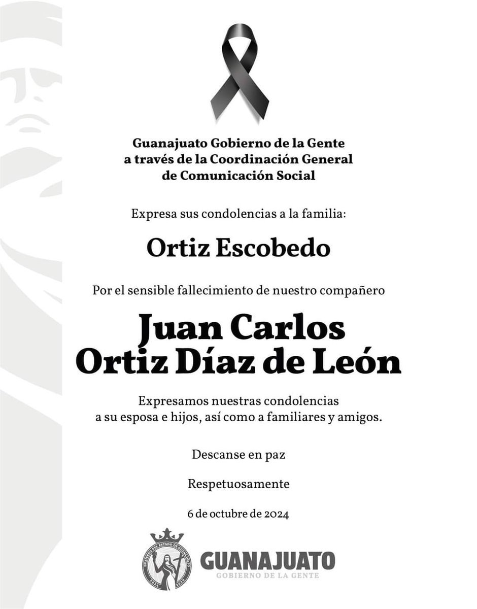 segobgente's tweet photo. Con profunda tristeza, lamentamos el fallecimiento de nuestro querido compañero Juan Carlos Ortiz Díaz de León. Nuestras más sinceras condolencias a su familia y seres queridos en este difícil momento. 

Su legado y amistad vivirán siempre en nuestros corazones y recuerdos. https://t.co/inQ930V8ff