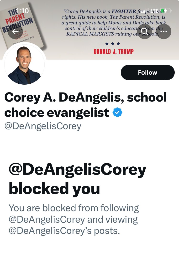 Guess I got under <a href="/DeAngelisCorey/">Corey A. DeAngelis, school choice evangelist</a> ‘s skin. 

Anti-gay shill for sending public money to private schools was a gay porn actor. 
Called out on the hypocrisy of being publicly anti gay, his only answer is to block people. 

He and <a href="/markrobinsonNC/">Mark Robinson</a> have a lot in common.
