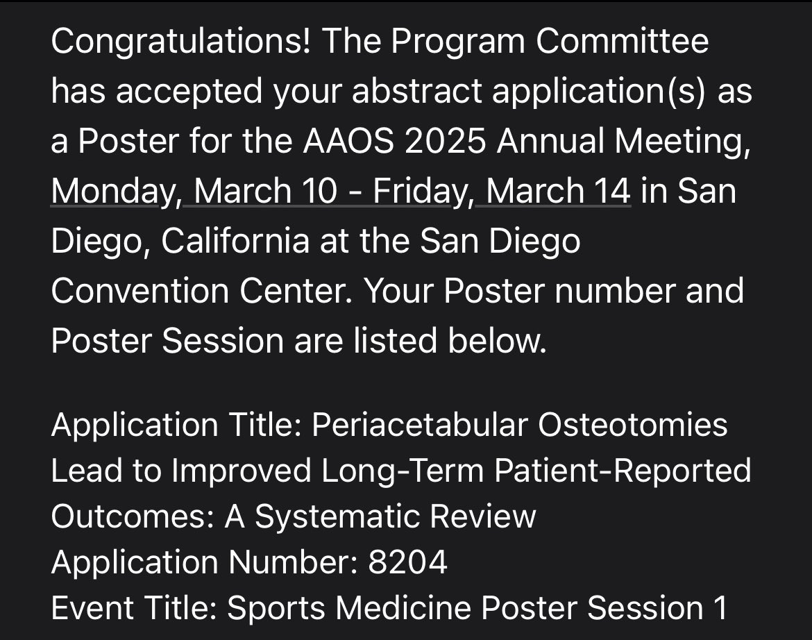 jamessmacleod's tweet photo. Looking forward to attending and  presenting at the 2025 @AAOS1 Annual Meeting! Received the great news that one of our @OrthoAtYale projects on long-term hip preservation outcomes was accepted as a poster. #AAOS2025 #OrthoTwitter https://t.co/WZBML0vJav