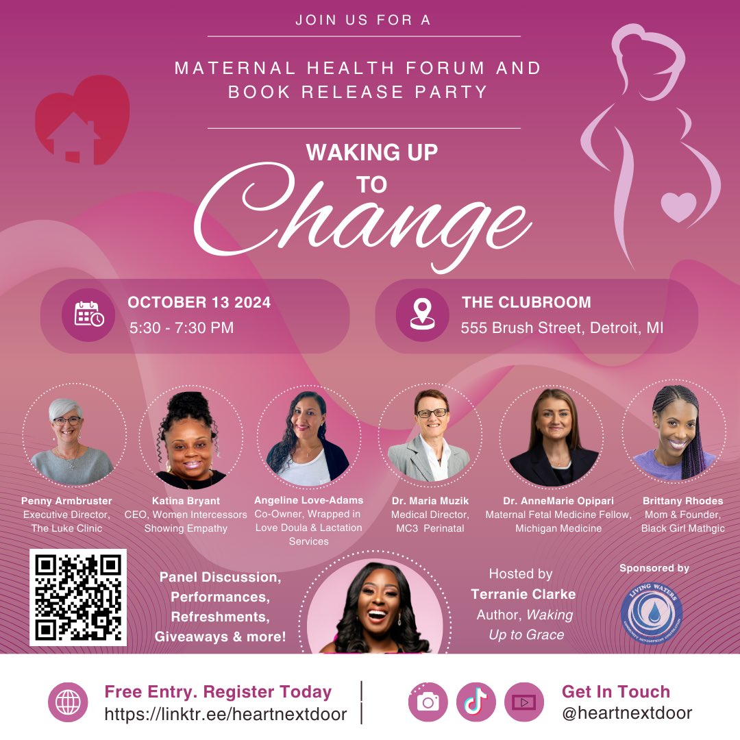 heartnextdoor's tweet photo. A week from today, we’ll be gathering with this panel of incredible maternal health experts and our sponsor, Living Waters Community Development Corporation for Waking Up to Change to create a better future for moms and babies.  💖
#MaternalHealth #DetroitMoms https://t.co/SljVw5MlEC