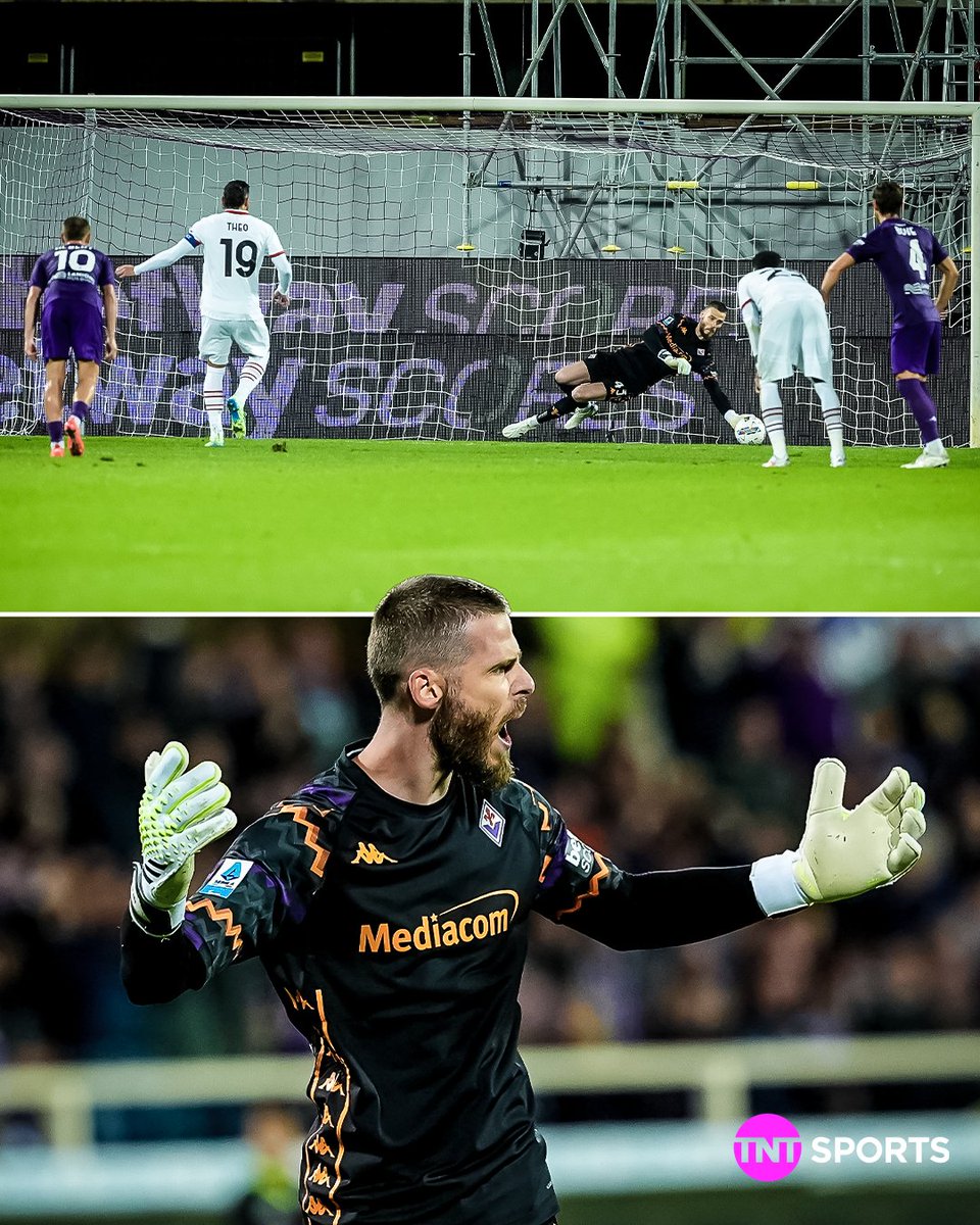 footballontnt's tweet photo. David De Gea left Manchester United in June 2023, spending over a year without a club before signing for Fiorentina in August 2024. 

Today, he made two crucial penalty saves, helping Fiorentina secure a massive three points against AC Milan 🍷✨ https://t.co/VeTOoLZnZQ
